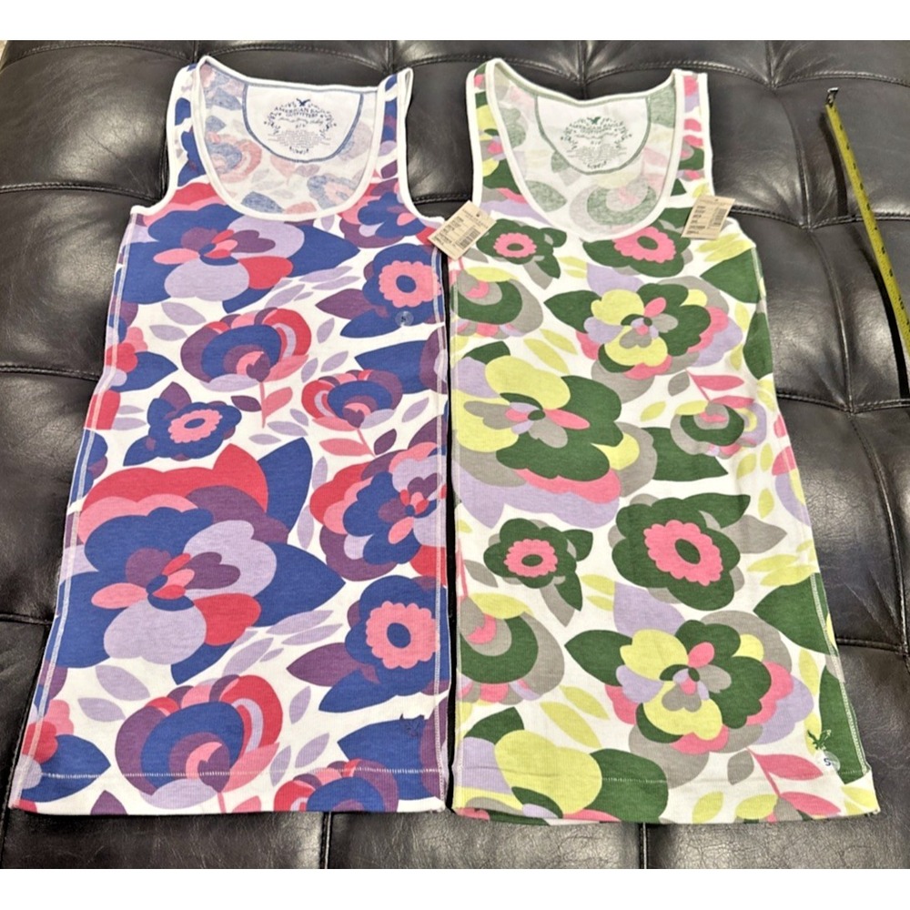 American Eagle 2 Size Small Floral Ribbed Y2K Vintage Boyfriend Tanks Boho
